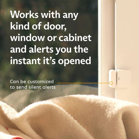 Entry Sensor Pack of 4 for Doors and Windows on window frame, highlighting setup and alert features