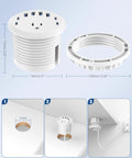 3 Inch Recessed Desk Power Grommet With USB C 65W Fast Charging and Ultra Flat Plug Strip, showing dimensions and installation process.