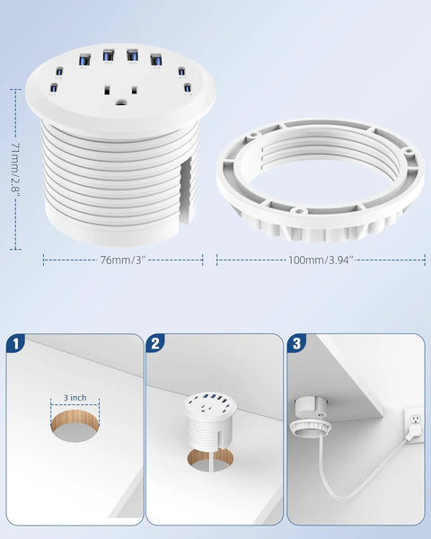 3 Inch Recessed Desk Power Grommet With USB C 65W Fast Charging and Ultra Flat Plug Strip, showing dimensions and installation process.