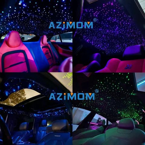 Bluetooth RGBW Fiber Optic Star Ceiling Kit creating twinkling sky effect in car interiors with app control visible in multiple views