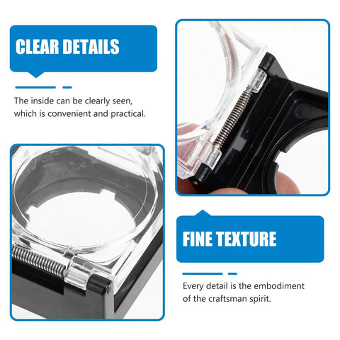 Close-up of transparent Anti Touch Button Cover With Flip Lid Safety Guard highlighting spring mechanism and clear details.