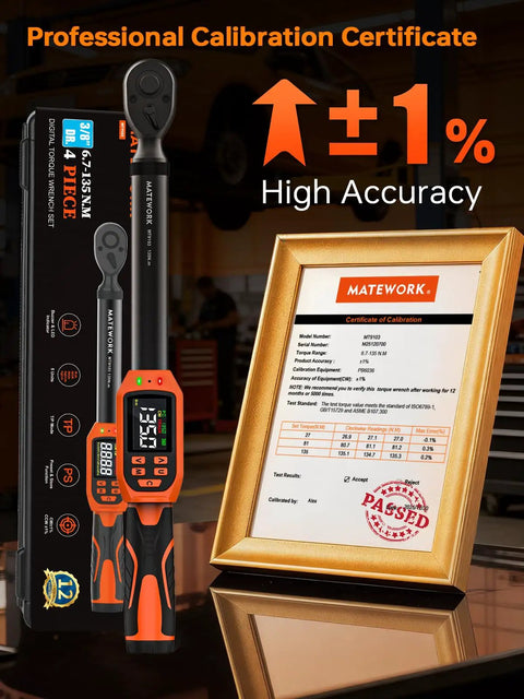 Digital Torque Wrench 3/8 Drive With 5-99.5 Ft-Lb Range, 6.7-135 Nm, 1% Accuracy, Electric LCD Readout, calibration certificate visible
