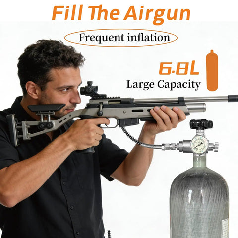 Man using 6.8L PCP Air Tank System for Paintball and HPA Scuba Gear with carbon fiber tank and dual gauge valve