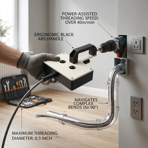 Asixxsix Electric Wire Puller For Narrow Conduit And Residential Wiring Projects shown with ergonomic handle and drill adapter.