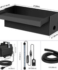 Components of the All-In-One Pond Waterfall Kit With LED Lights, 8-Inch Stainless Steel Spillway, and 600 GPH Pump.