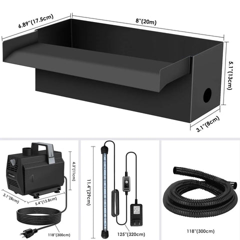Components of the All-In-One Pond Waterfall Kit With LED Lights, 8-Inch Stainless Steel Spillway, and 600 GPH Pump.