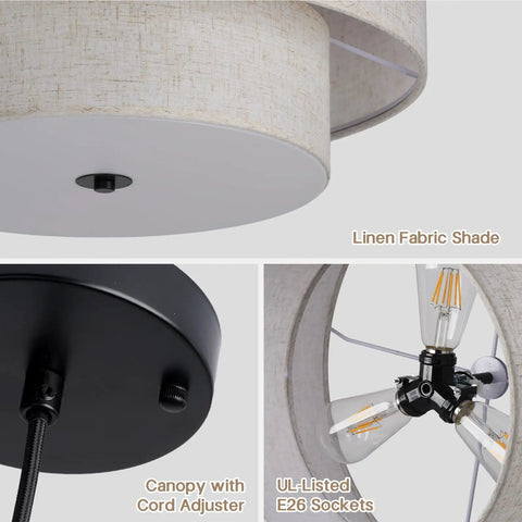 Killer 18 Inch Double Drum Pendant Light Featuring Dual Beige Linen Shades For Major Home Glow Up And Pro Level Ceiling Vibe In Your Dining Room Or Living Space, showing linen fabric shade and UL-listed E26 sockets.