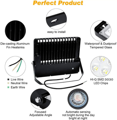 36000 Lumen LED Flood Light Outdoor For Stadiums And Industrial Areas With Dusk To Dawn Photocell details and components