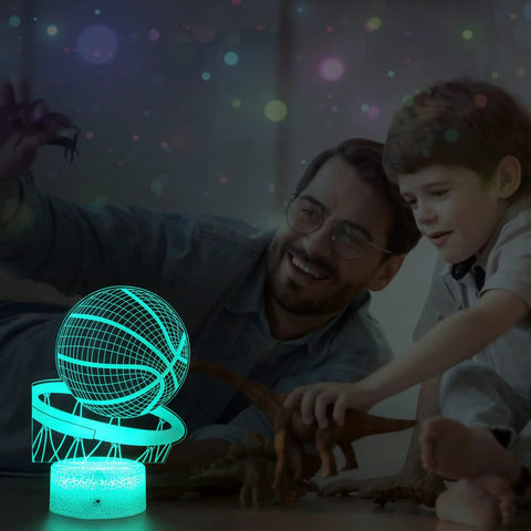 Father and son playing with Basketball 3D Illusion Night Light With 16 Color Dimmable LEDs Remote Control And Smart Touch
