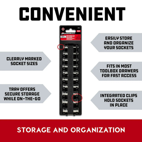 One Quarter Inch Drive Metric Deep Socket Set Featuring 6 Point Z Drive Sockets in packaging with storage tray and organizational highlights.