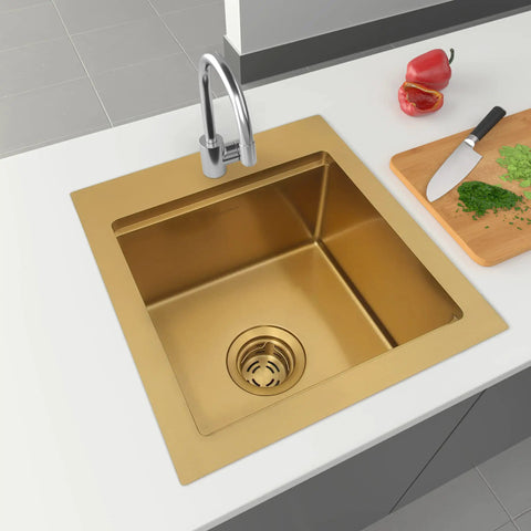Gold Extended Sink Flange with Deep Basket Strainer for Kitchen Sink Drain fits 3-1/2 Inch Standard Openings, installed in countertop