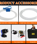 12V 100W Portable Oil Transfer Pump Kit with Self Priming Electric Motor, includes inlet and outlet tubes, connectors, motor, and storage box for cars, boats, trucks, and lawn mowers.