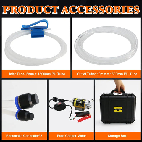 12V 100W Portable Oil Transfer Pump Kit with Self Priming Electric Motor, includes inlet and outlet tubes, connectors, motor, and storage box for cars, boats, trucks, and lawn mowers.