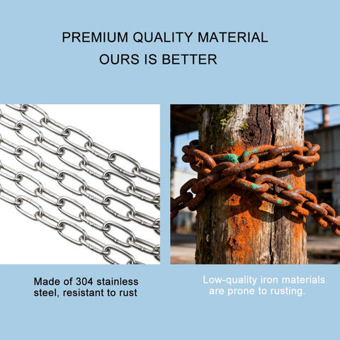 13 Foot Stainless Steel Heavy Duty Chain For Hanging Anchoring And Towing 5mm Thick Links Heat Treated, rust-resistant vs iron chain