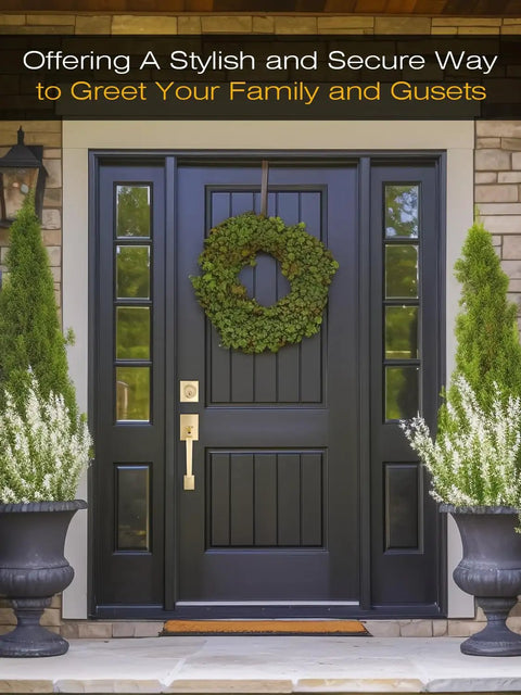 Front door featuring Rock Solid Heavy Duty Square Entry Door Handle And Single Cylinder Deadbolt Lock Set With Key in satin brass finish