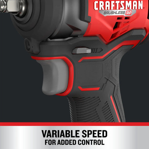 Close-up of Bare Cordless Three Eighths Inch Drive Impact Wrench 165 Ft Lbs Max Torque Hog Ring Anvil Variable Speed Trigger