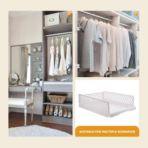 Straight Up Game Changer Plastic Drawer Storage Basket For Clothes Towels And Blankets A Real Slick Closet Organizer Bin in a stylish closet.