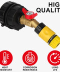 Heavy Duty IBC Tote Adapter Kit For 275 330 Gallon Drums With Three Thread Sizes 1/2 In NPT Inlet, 2 In Fine, 2 In Coarse, And 3/4 In Male GHT Brass Hose Faucet Connector With High Flow Shutoff, brass and polyethylene adapter with shutoff valve
