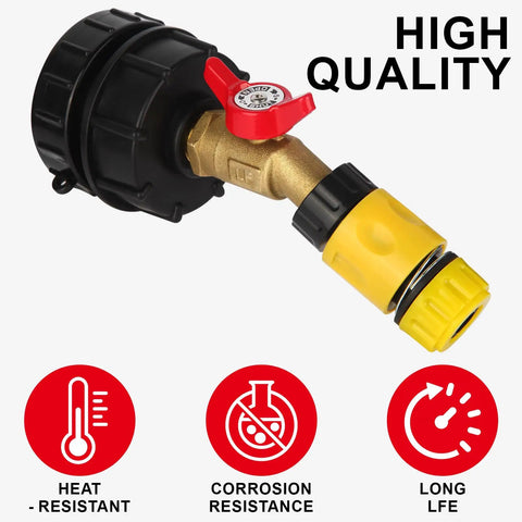 Heavy Duty IBC Tote Adapter Kit For 275 330 Gallon Drums With Three Thread Sizes 1/2 In NPT Inlet, 2 In Fine, 2 In Coarse, And 3/4 In Male GHT Brass Hose Faucet Connector With High Flow Shutoff, brass and polyethylene adapter with shutoff valve