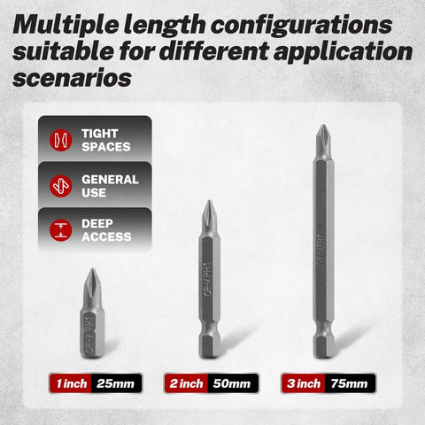 208 Piece Master Screwdriver Bit Set with three Phillips bits in various lengths for tight spaces, general use, and deep access.