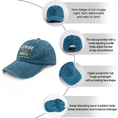 Funny RV Pilot Hat For Men Cyan Blue Camper Road Trip Cap with Adjustable Strap, featuring breathable design and durable cotton blend.