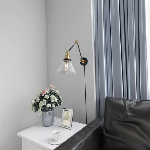 Black And Gold Glass Swing Arm Wall Sconce, Adjustable Plug In Or Hardwired Wall Lamp, Dope Steel Frame, Modern Industrial Wall Light Fixture For Living Room, Bedroom, Hallway, And Den
