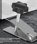 No Hassle Tile Leveling Jack With Smooth Telescoping Arm And Knurled Micro Dial For Dead On Floor Tile Placement And Heavy Duty Labor Saving Contractor Tool with close-up of adjustment knob and load-bearing frame.