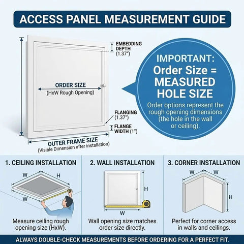 Access panel measurement guide for Solid Galvanized Steel Crawl Space Access Panel With No Fuss Thumb Screw.
