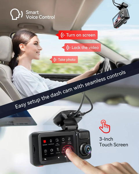 Elite 4K Dash Cam With 3 Channel Front 4K, Rear 2.5K And Cabin 1080P, voice control interface in car with touch screen setup