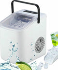 No Fuss Countertop Ice Maker Drops Nine Chill Cubes In Seven Flat Minutes With A Solid Twenty Two Pound Daily Yield, featuring a white design and scoop.