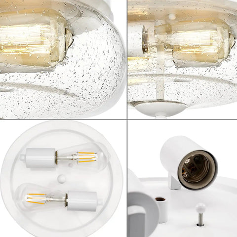 Close-up of Seeded Glass Flush Mount Ceiling Light Fixture With 2 Light Sockets For Indoor Outdoor Use White Finish Modern Round Ceiling Lamp