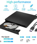 Two In One External CD DVD Drive With USB 3.0 And Type C Disc Reader Burner Player For Laptops And Desktops, Plug and Play No Extra Power Required, Wide Compatibility With USB A And USB C, black external drive with USB-A and USB-C cables