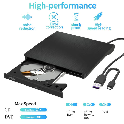 Two In One External CD DVD Drive With USB 3.0 And Type C Disc Reader Burner Player For Laptops And Desktops, Plug and Play No Extra Power Required, Wide Compatibility With USB A And USB C, black external drive with USB-A and USB-C cables