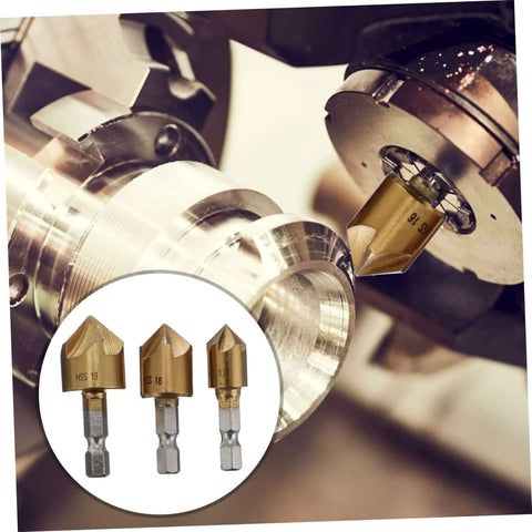 Flute steel chamfering cutter set (3 pcs) with square shanks; gold-tone HSS milling tools installed on a lathe.