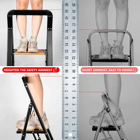Ultra Lightweight Aluminum 2 Step Folding Step Stool With Handle Compact 8 Pound Ladder In Black And Brown Classic Wood Look No Wood Rot Easy Carry Space Saving Home And Garage Use shown with height scale and armrest features