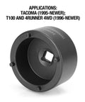 Pro Grade Built Tough Hub Locknut Socket For Toyota 4WD, 1/2 Inch Drive, Removes And Installs Locknuts On Tacoma, 4Runner, And T100, Solid Pin Design To Prevent Locknut Damage, showing application details for models.