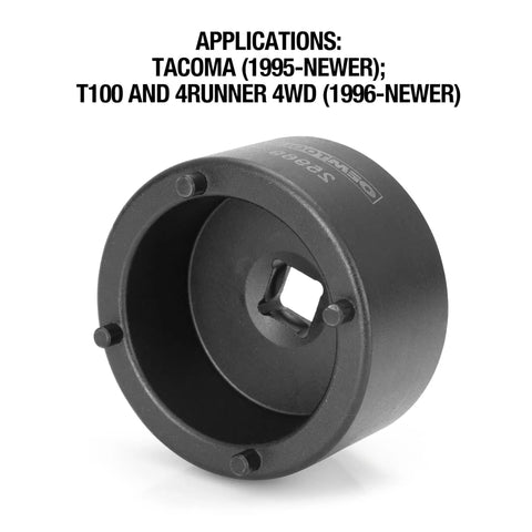 Pro Grade Built Tough Hub Locknut Socket For Toyota 4WD, 1/2 Inch Drive, Removes And Installs Locknuts On Tacoma, 4Runner, And T100, Solid Pin Design To Prevent Locknut Damage, showing application details for models.