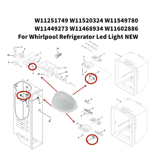 LED Refrigerator Light Replacement For Freezer And Fridge 4.2W 120VAC Easy Install Bulb Kit with diagrams for specific models