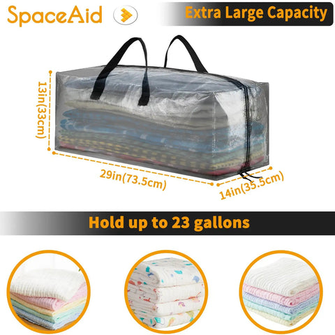 Heavy Duty Moving Bags 8 Pack Extra Large Storage Totes With Backpack Straps Strong Handles And Zippers Clear See Through Ideal Alternative To Moving Boxes Packing And Moving Supplies showing folded blankets inside.
