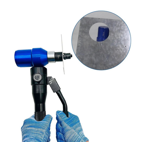 Hydraulic Knockout Hole Punch Set 1/2 To 2 Inch Electrical Conduit Cutter Kit for Metal in use on metal sheet.