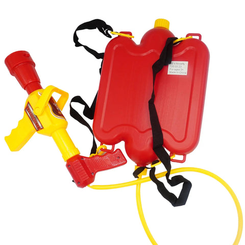 Red and yellow Firefighter Backpack Water Blaster for Kids with 1.3L tank and black straps, hose attached