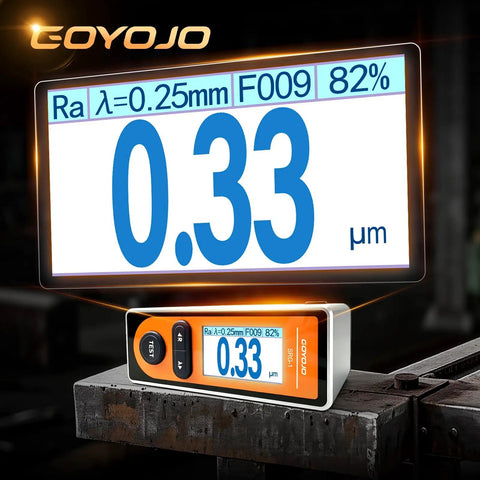 Portable Surface Roughness Tester With Handheld Stylus Profilometer displaying measurement on metal surface in workshop