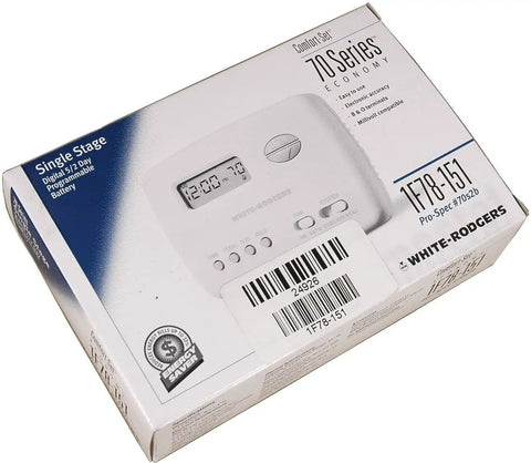Product packaging for Simple 5 2 Day Battery Powered Digital Thermostat with backlit display and precise ±1°F control.