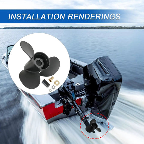 Outboard Boat Propeller 13.25 x 17 Pitch Replacement For Mercury 60 75 90 100 115 HP Motors 15 Spline Right Hand Rotation Three Blade Durable Aluminum Prop With Black Finish installed on boat engine on water