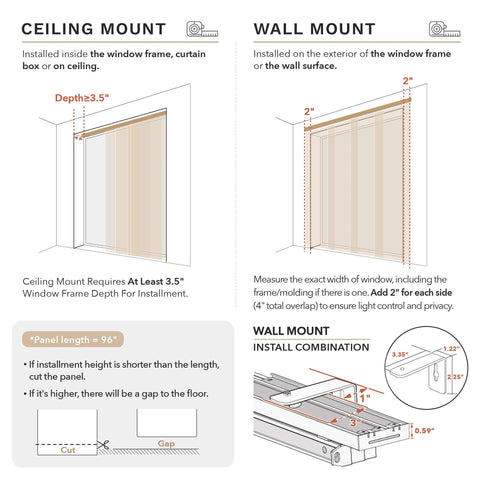 Installation guide for Cordless 4 Rail Sliding Panel Track Blinds For Doors And Windows, ceiling and wall mount instructions.