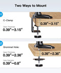 Installation options for Triple Monitor Desk Mount Stand For 17 To 32 Inch Screens using C-clamp and grommet kit.