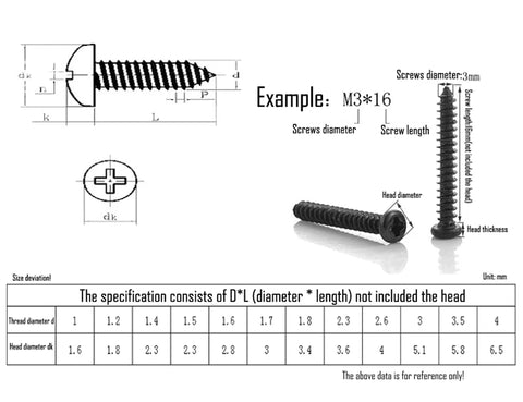 No Sweat Heavy Duty Black Carbon Steel Self Tapping Screws Assortment Kit dimensions and specifications illustration for various sizes.