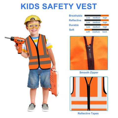 Child with construction vest holding drill from Two In One Kids Tool Workbench Set With Realistic Drill And 91 Piece Tool Accessories.