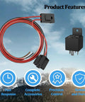 12V Car Electric Fan Relay Kit With 40 Amp Relay, showing wiring and relay against a mountain background