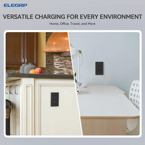 Zap Your Gadgets Back To Life With This 42W Fast Charge Usb C Wall Charger, Delivering Blazing Power Delivery Across Four Dedicated Ports, Ul Verified Six Pack In Smooth Matte Black, Slips Right Onto Standard Us Walls For Zero Fuss Household Charging, installed in kitchen and office environments.